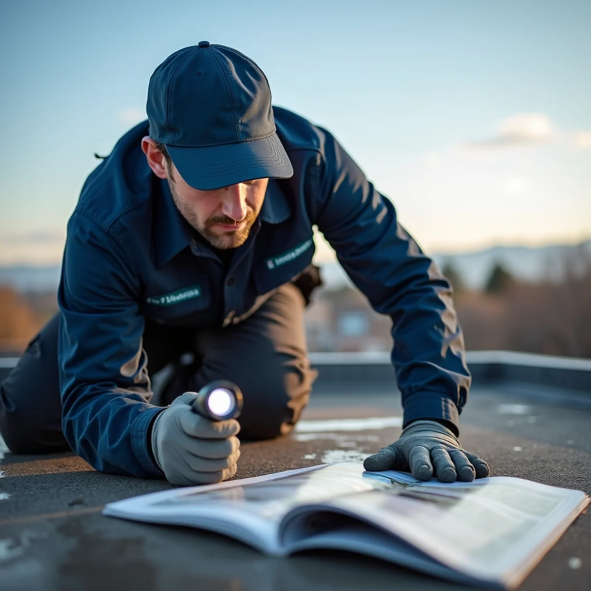 Plumber inspecting a blocked plumbing vent on a Parker, CO roof