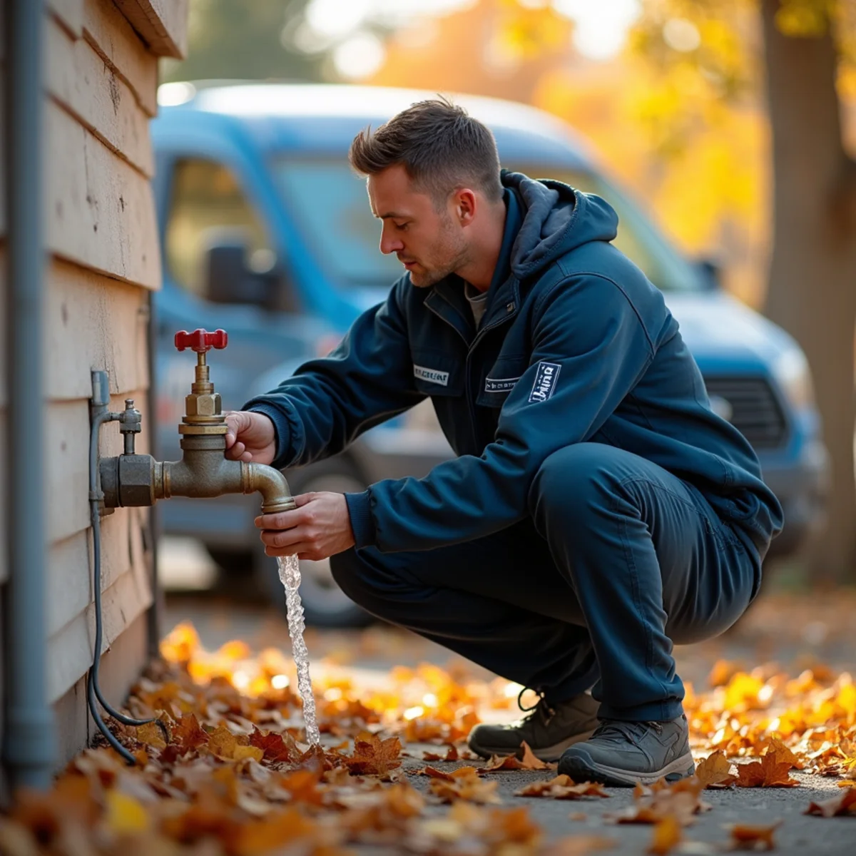 Homeowner draining an outdoor faucet to winterize plumbing in Colorado in fall