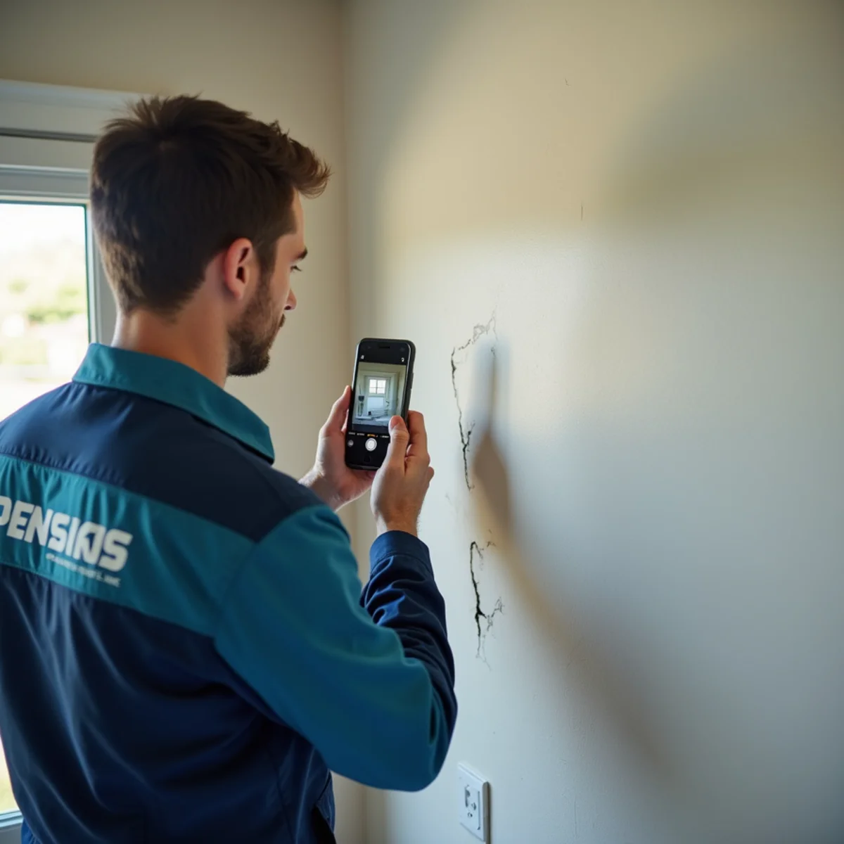 Homeowner photographing water damage for an insurance claim in a Colorado home