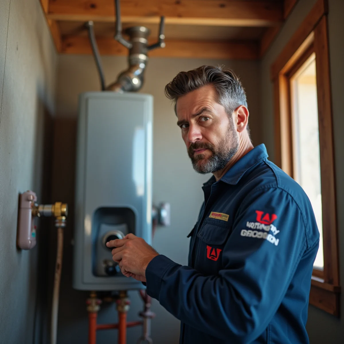 Homeowner checking a gas water heater pilot light in a Parker Colorado utility room