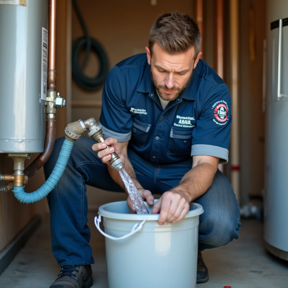 Plumber flushing sediment from a water heater tank in a Colorado home