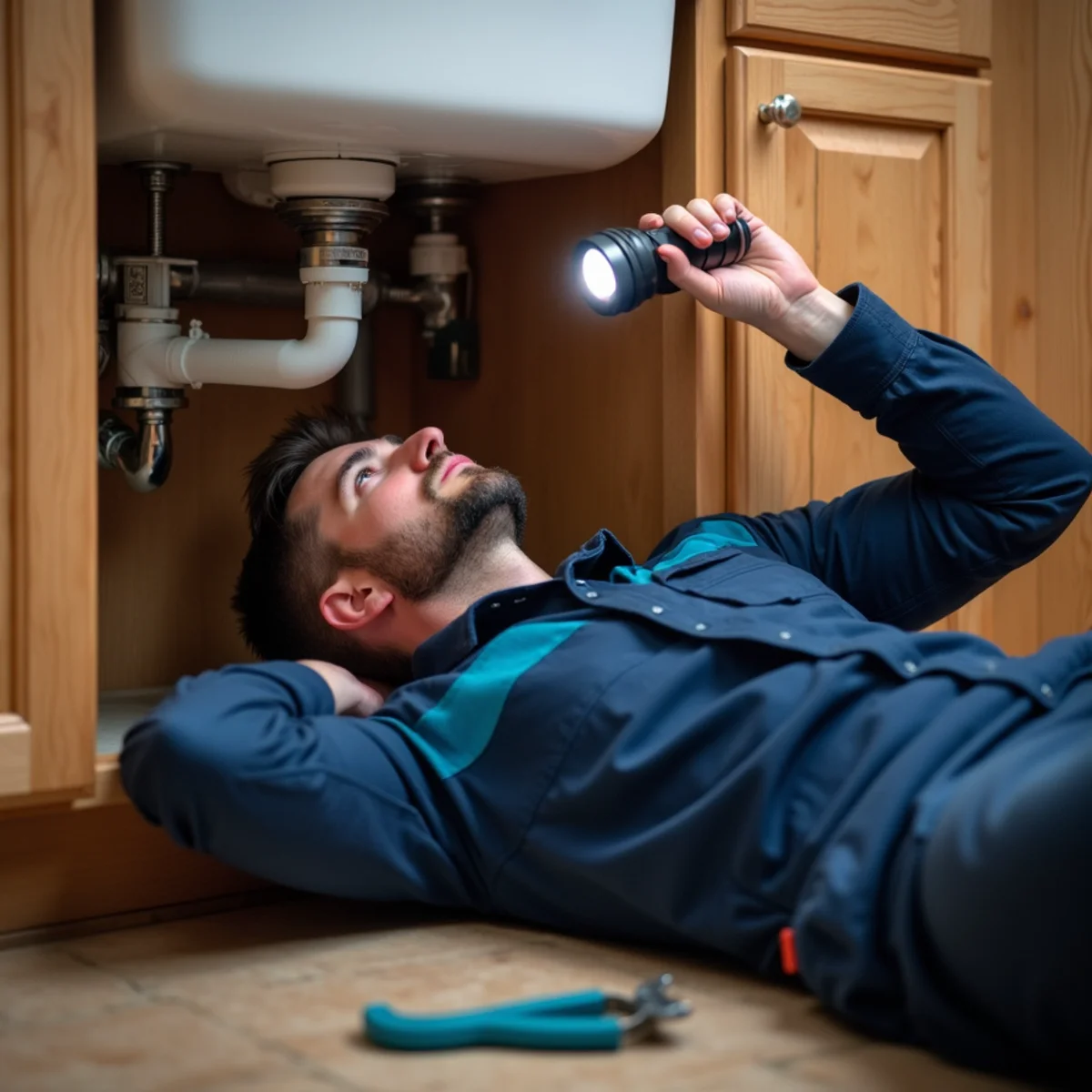 Plumber installing a new garbage disposal under a Parker Colorado kitchen sink