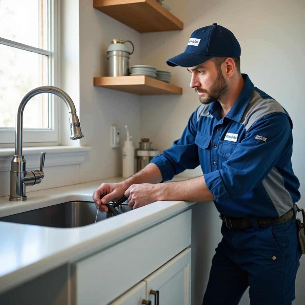 Plumber installing a kitchen sink, faucet and disposal during a Parker Colorado remodel