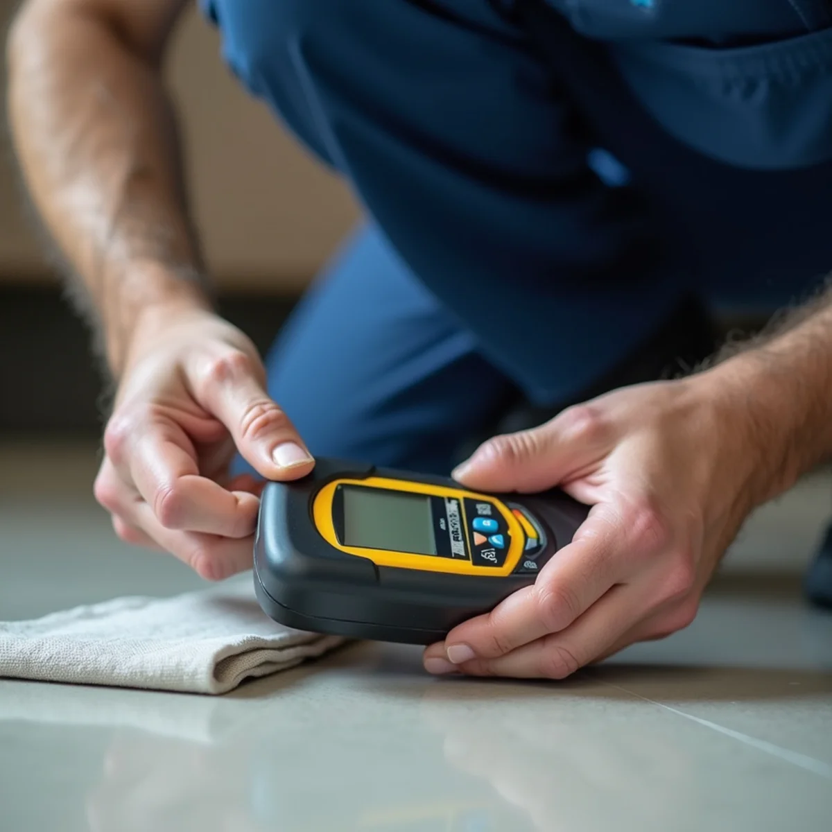 Plumber using electronic leak detection equipment in a Parker, CO home